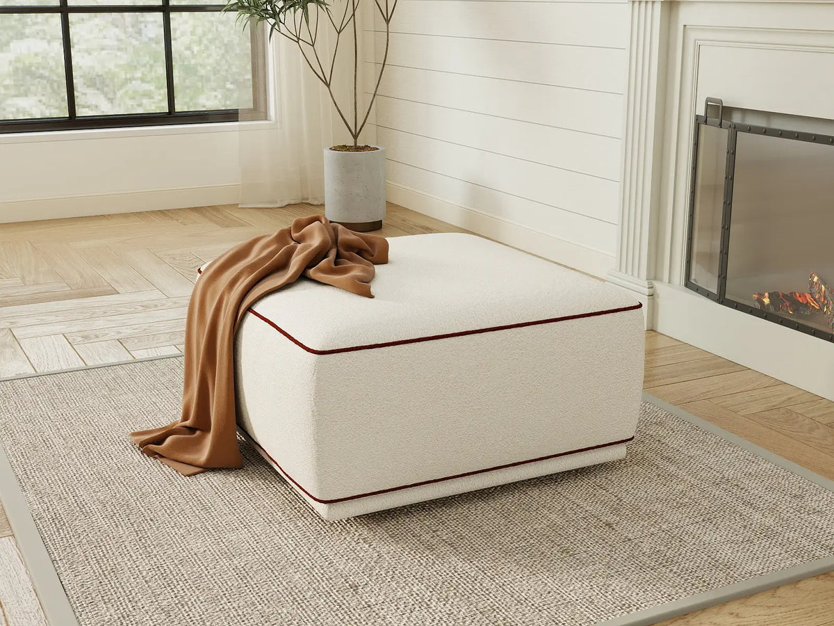 Deluxe Cloud Beige Small Space Ottoman | 1-Piece (Includes 1 Ottoman), Bouclé Sherpa-Like Fabric, Easy To Clean