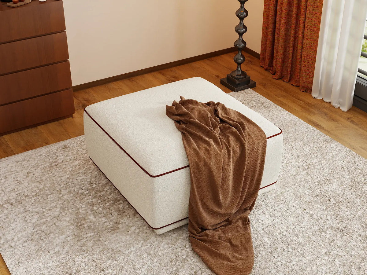 Deluxe Cloud Beige Small Space Ottoman | 1-Piece (Includes 1 Ottoman), Bouclé Sherpa-Like Fabric, Easy To Clean