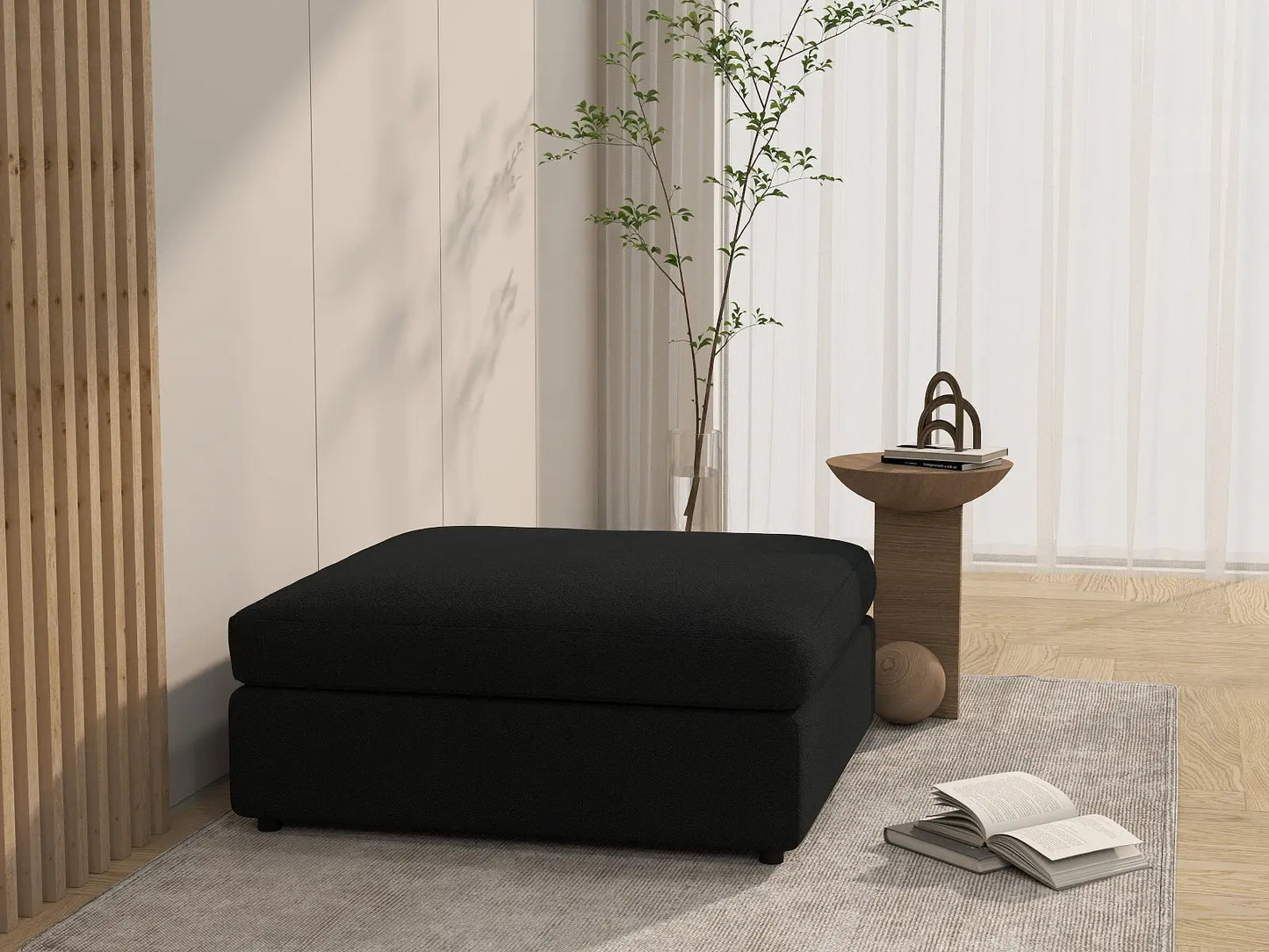 Deluxe Cloud Black Ottoman | 1-Piece (Includes 1 Ottoman), Bouclé Sherpa-Like Fabric, Washable Cushion Covers