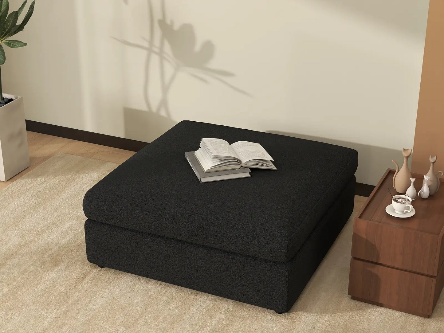 Deluxe Cloud Black Ottoman | 1-Piece (Includes 1 Ottoman), Bouclé Sherpa-Like Fabric, Washable Cushion Covers