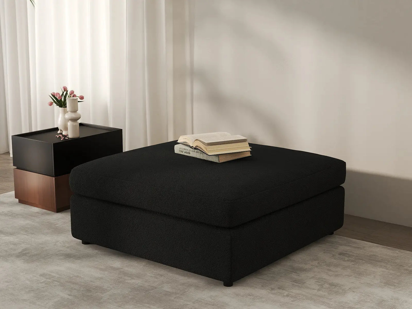 Deluxe Cloud Black Ottoman | 1-Piece (Includes 1 Ottoman), Bouclé Sherpa-Like Fabric, Washable Cushion Covers
