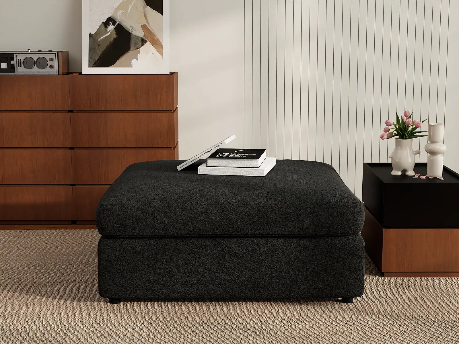 Deluxe Cloud Black Ottoman | 1-Piece (Includes 1 Ottoman), Bouclé Sherpa-Like Fabric, Washable Cushion Covers