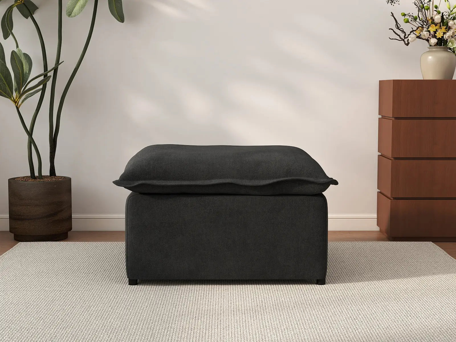 Deluxe Cloud Black Ottoman | 1-Piece (Includes 1 Ottoman), Linen Look Poly Fabric, Washable Cushion Covers