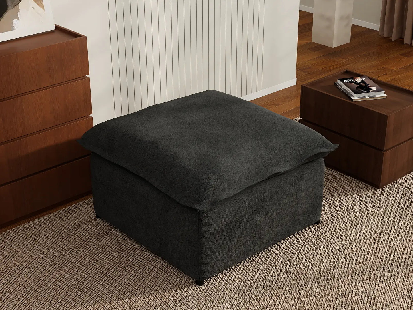 Deluxe Cloud Black Ottoman | 1-Piece (Includes 1 Ottoman), Linen Look Poly Fabric, Washable Cushion Covers
