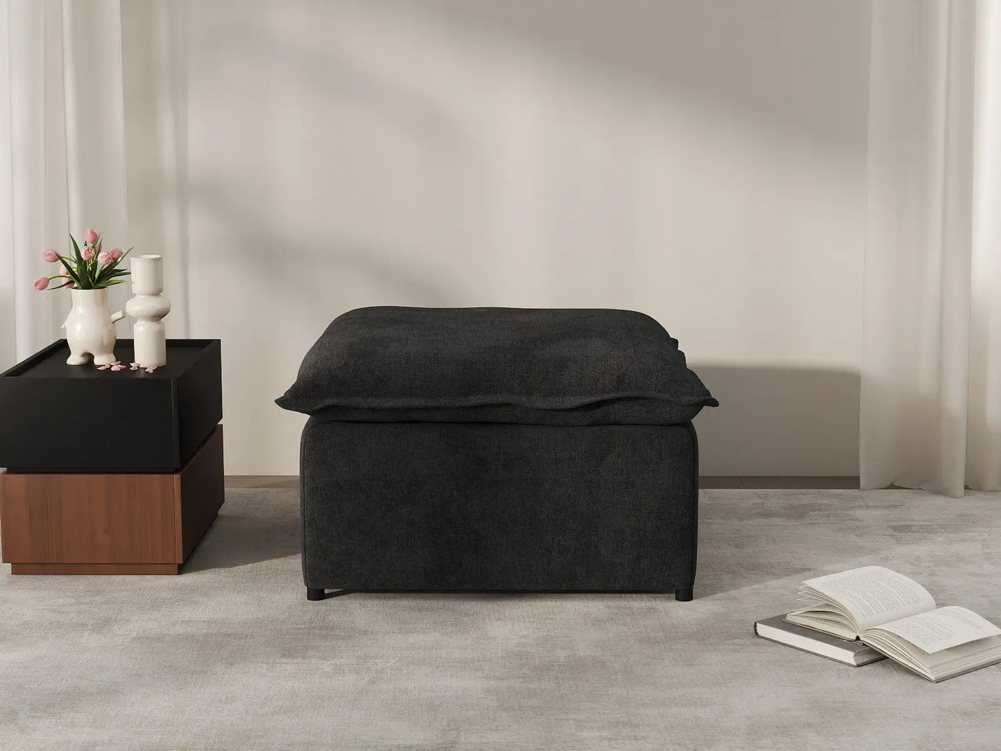 Deluxe Cloud Black Ottoman | 1-Piece (Includes 1 Ottoman), Linen Look Poly Fabric, Washable Cushion Covers