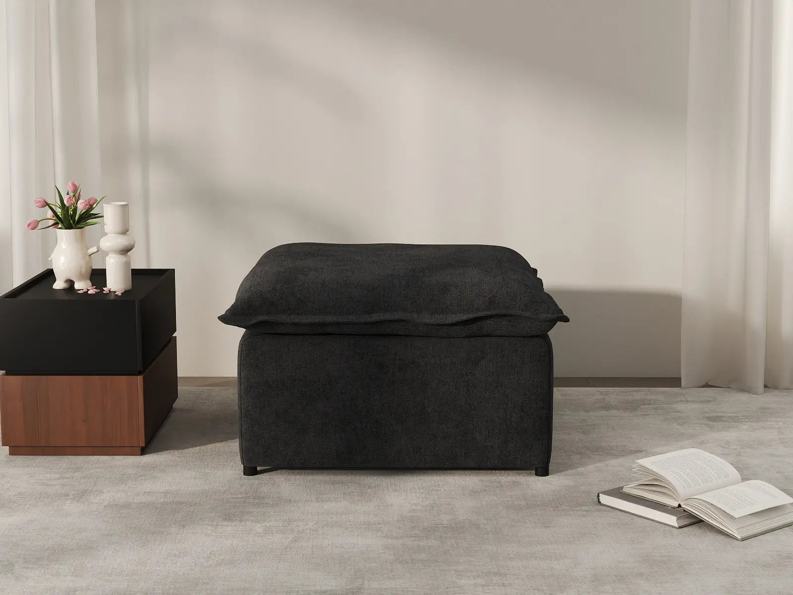 Deluxe Cloud Black Ottoman | 1-Piece (Includes 1 Ottoman), Linen Look Poly Fabric, Washable Cushion Covers