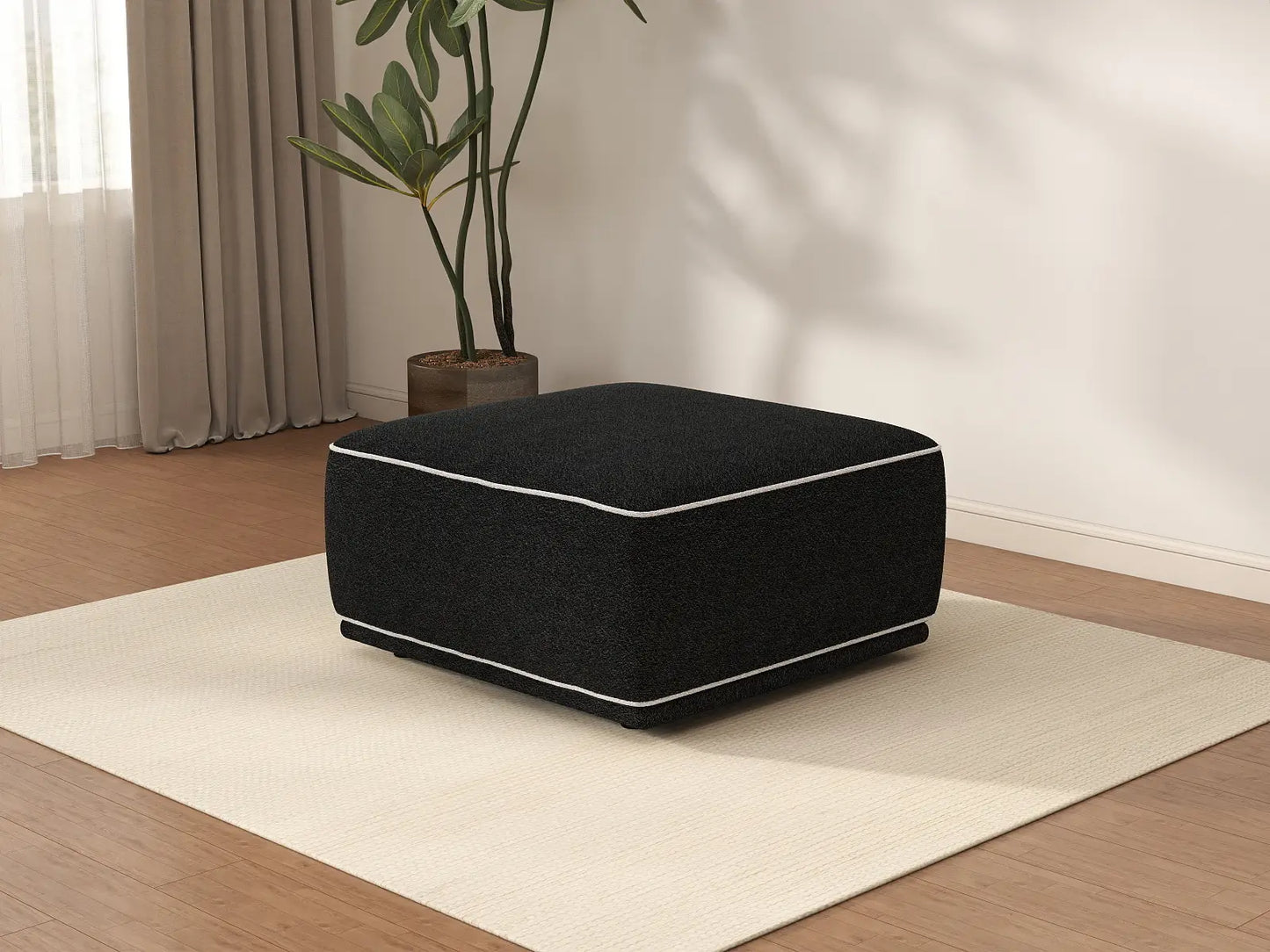 Deluxe Cloud Black Small Space Ottoman | 1-Piece (Includes 1 Ottoman), Bouclé Sherpa-Like Fabric, Easy To Clean