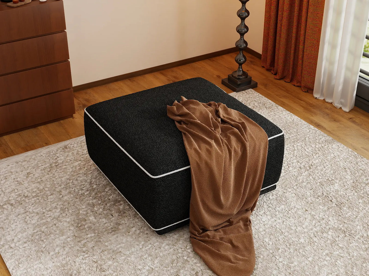 Deluxe Cloud Black Small Space Ottoman | 1-Piece (Includes 1 Ottoman), Bouclé Sherpa-Like Fabric, Easy To Clean