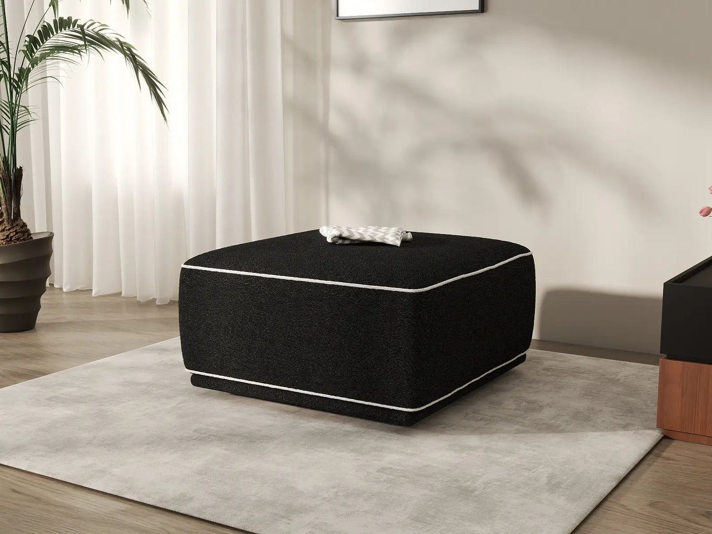 Deluxe Cloud Black Small Space Ottoman | 1-Piece (Includes 1 Ottoman), Bouclé Sherpa-Like Fabric, Easy To Clean