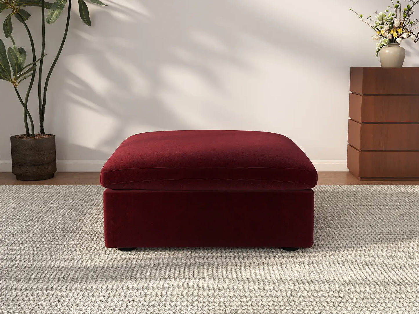 Deluxe Cloud Claret Ottoman | 1-Piece (Includes 1 Ottoman), Velvet Fabric, Living Room Accent, Washable Cushion Covers