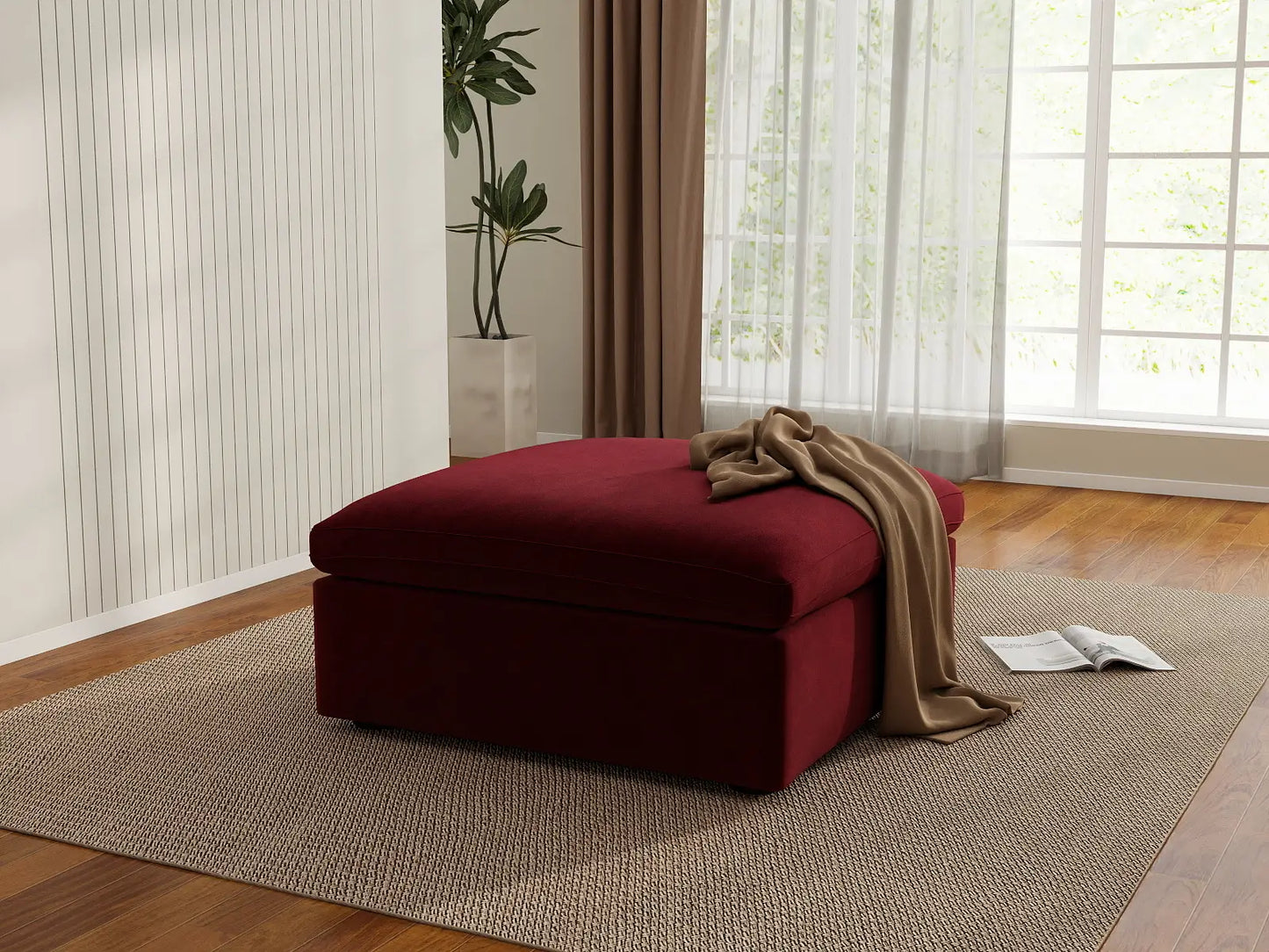 Deluxe Cloud Claret Ottoman | 1-Piece (Includes 1 Ottoman), Velvet Fabric, Living Room Accent, Washable Cushion Covers