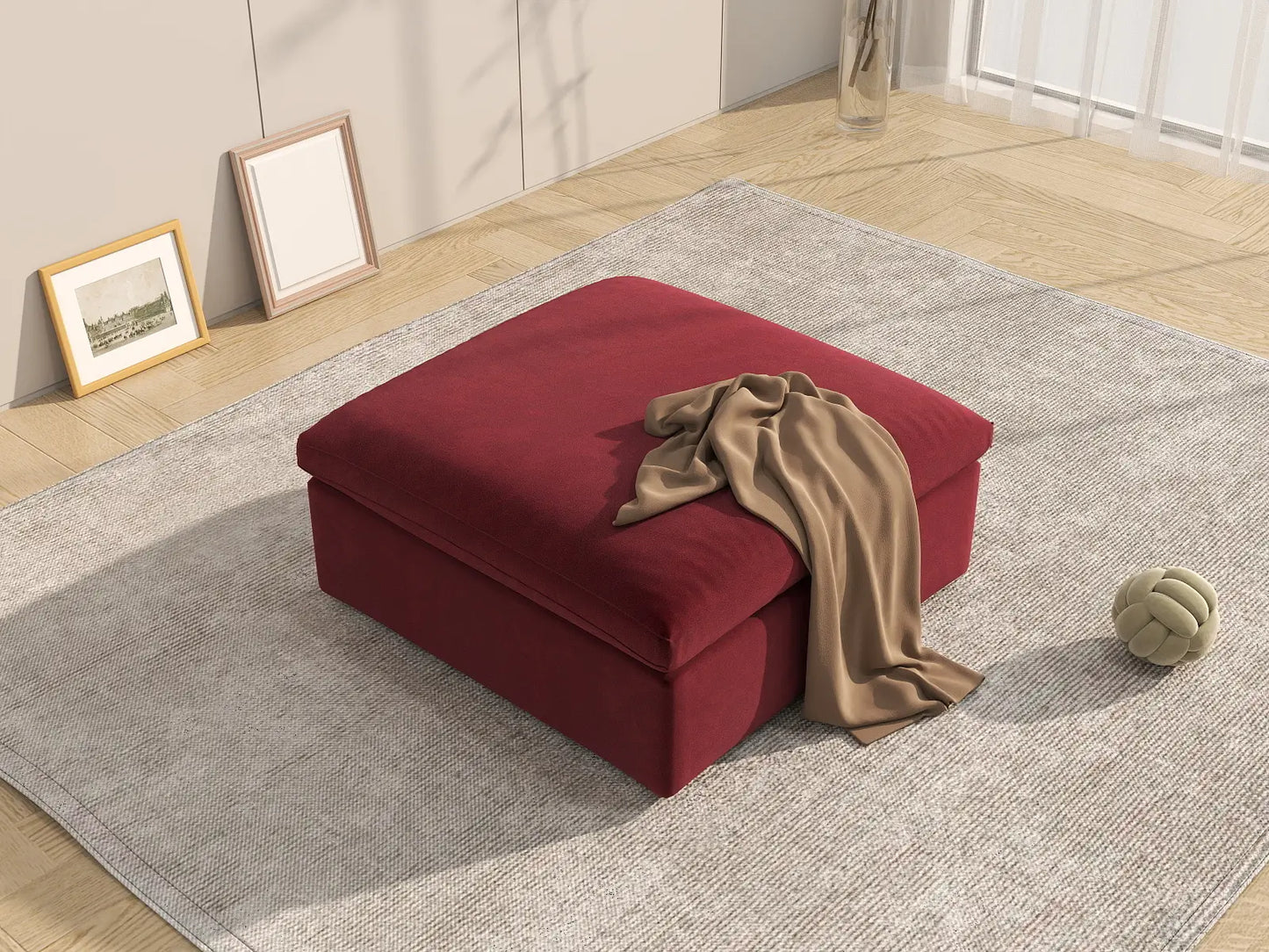 Deluxe Cloud Claret Ottoman | 1-Piece (Includes 1 Ottoman), Velvet Fabric, Living Room Accent, Washable Cushion Covers