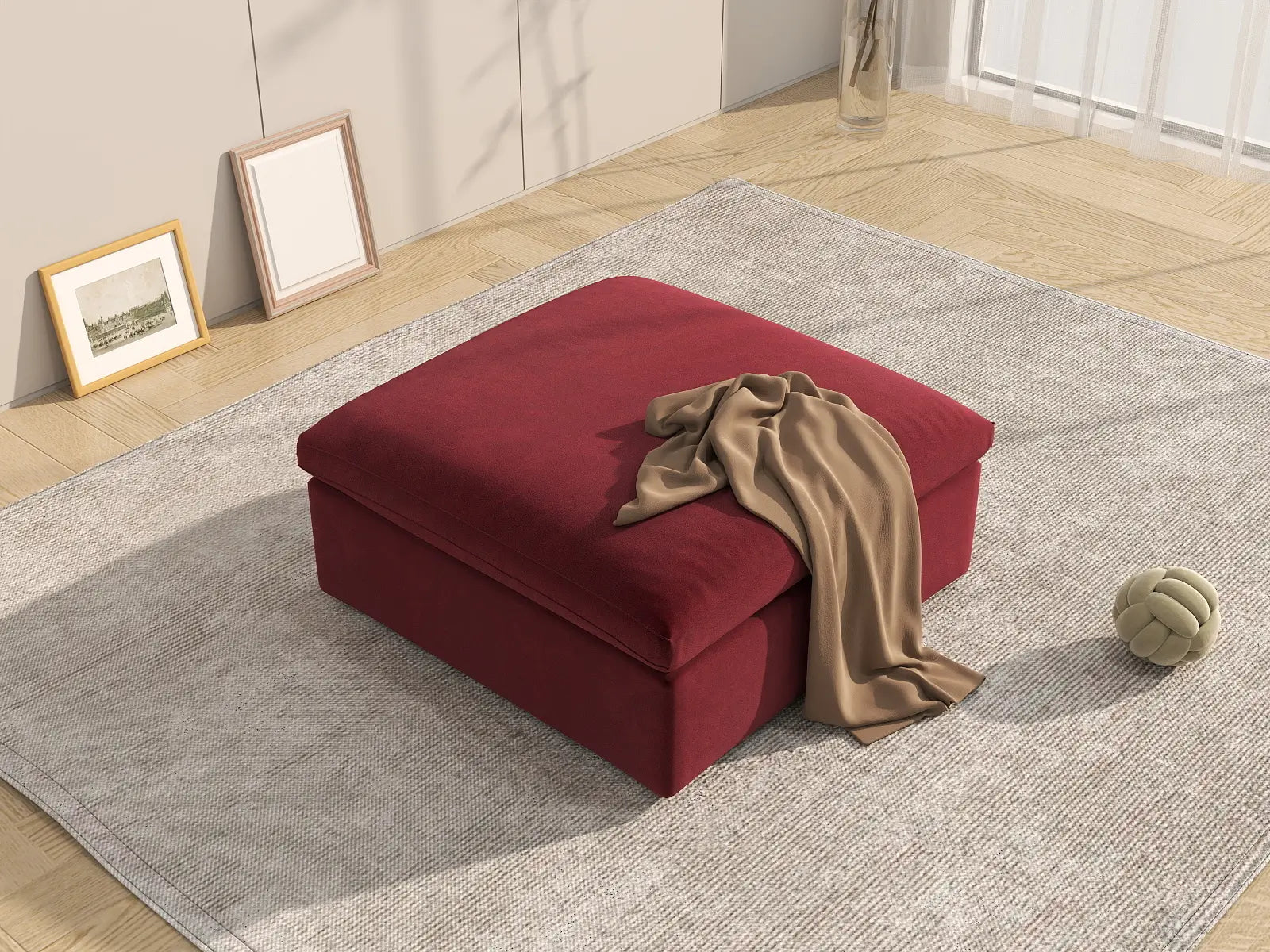 Deluxe Cloud Claret Ottoman | 1-Piece (Includes 1 Ottoman), Velvet Fabric, Living Room Accent, Washable Cushion Covers