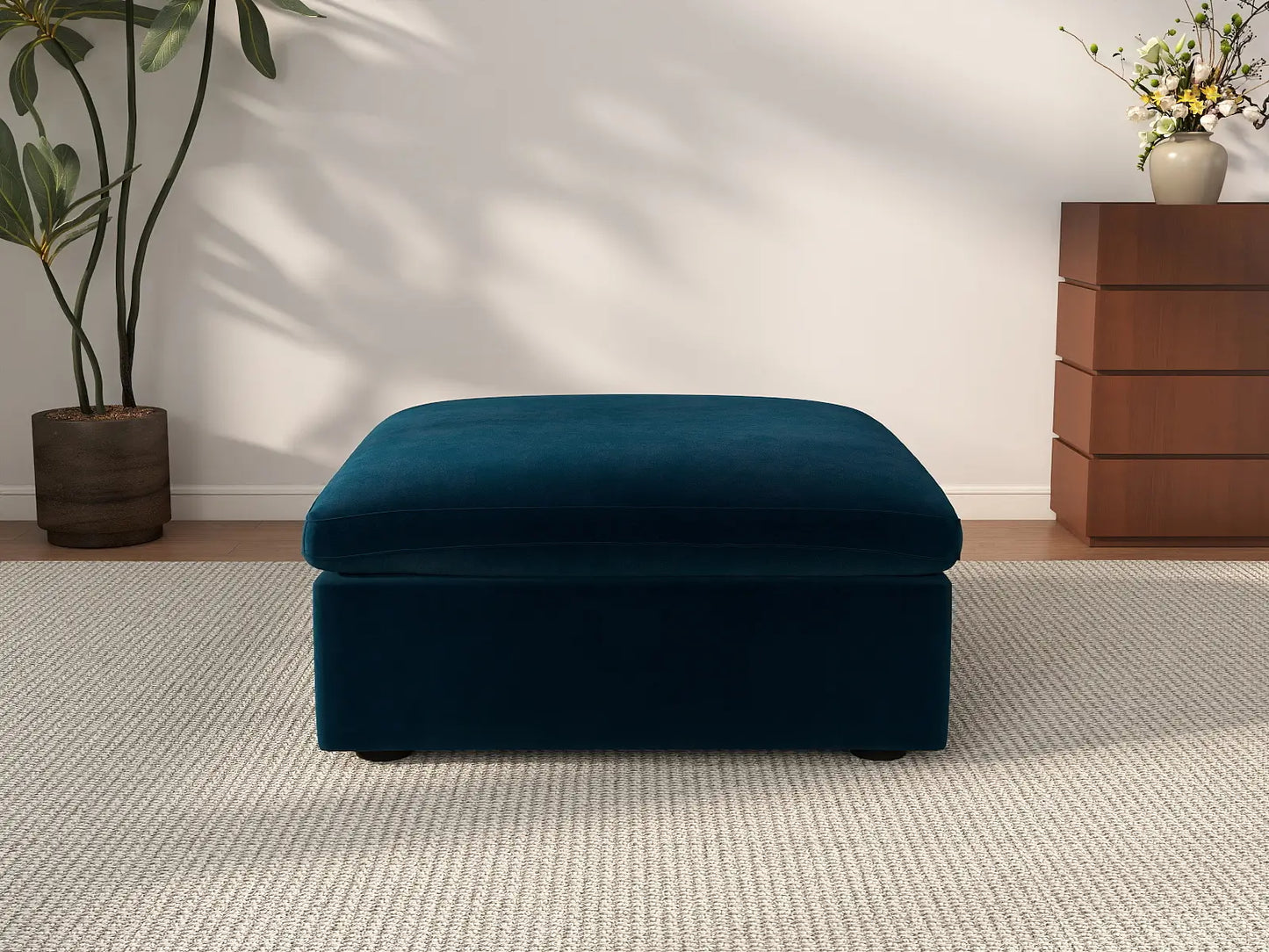 Deluxe Cloud Dark Blue Ottoman | 1-Piece (Includes 1 Ottoman), Velvet Fabric, Living Room Accent, Washable Cushion Covers