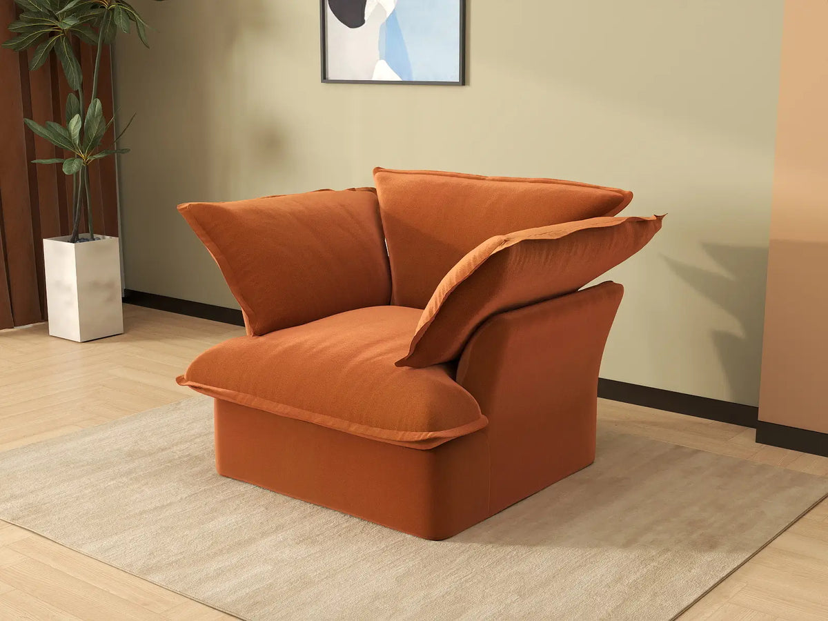 Deluxe Cloud Dark Orange 1-Seater Sofa | 1-Piece, Velvet Fabric, Washable Covers