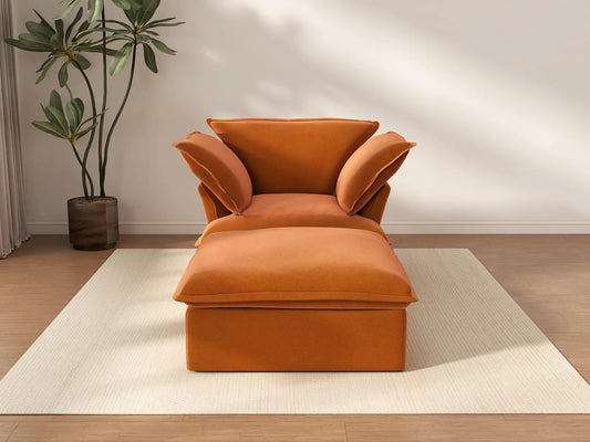 Deluxe Cloud Dark Orange 1-Seater Velvet Sofa | 2-Piece (includes 1 ottoman), Storage Ottoman