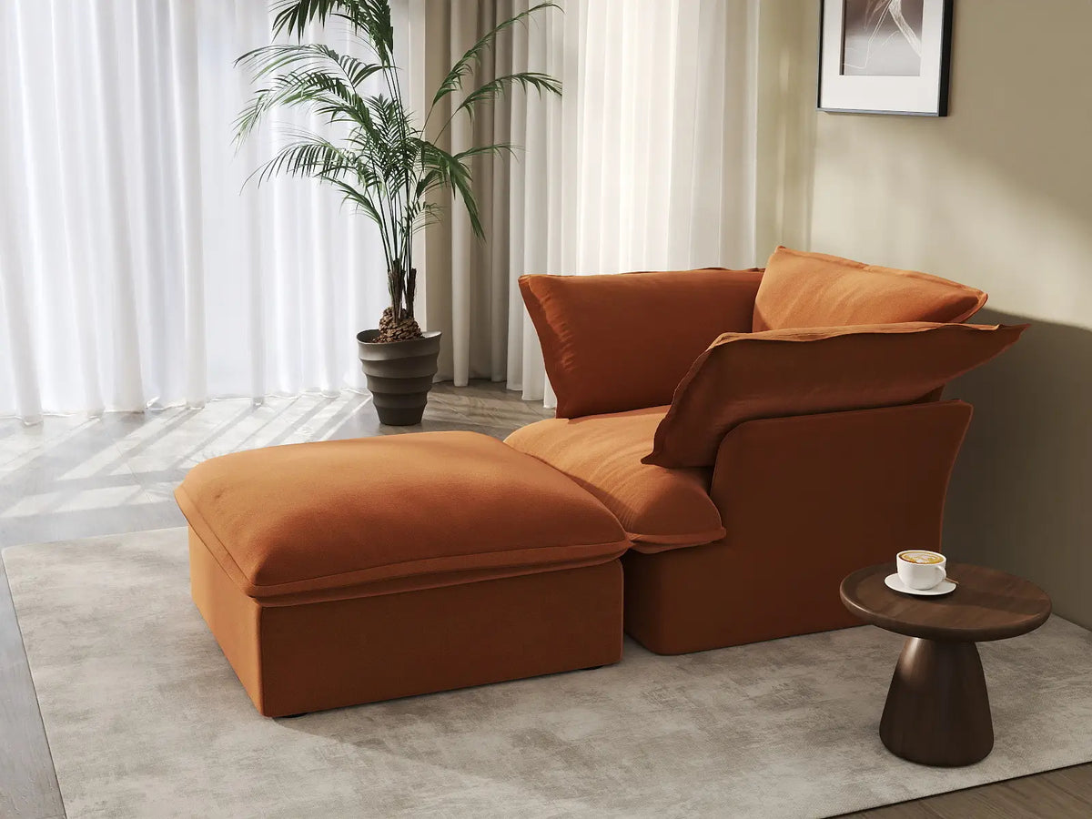 Deluxe Cloud Dark Orange 1-Seater Velvet Sofa | 2-Piece (includes 1 ottoman), Storage Ottoman