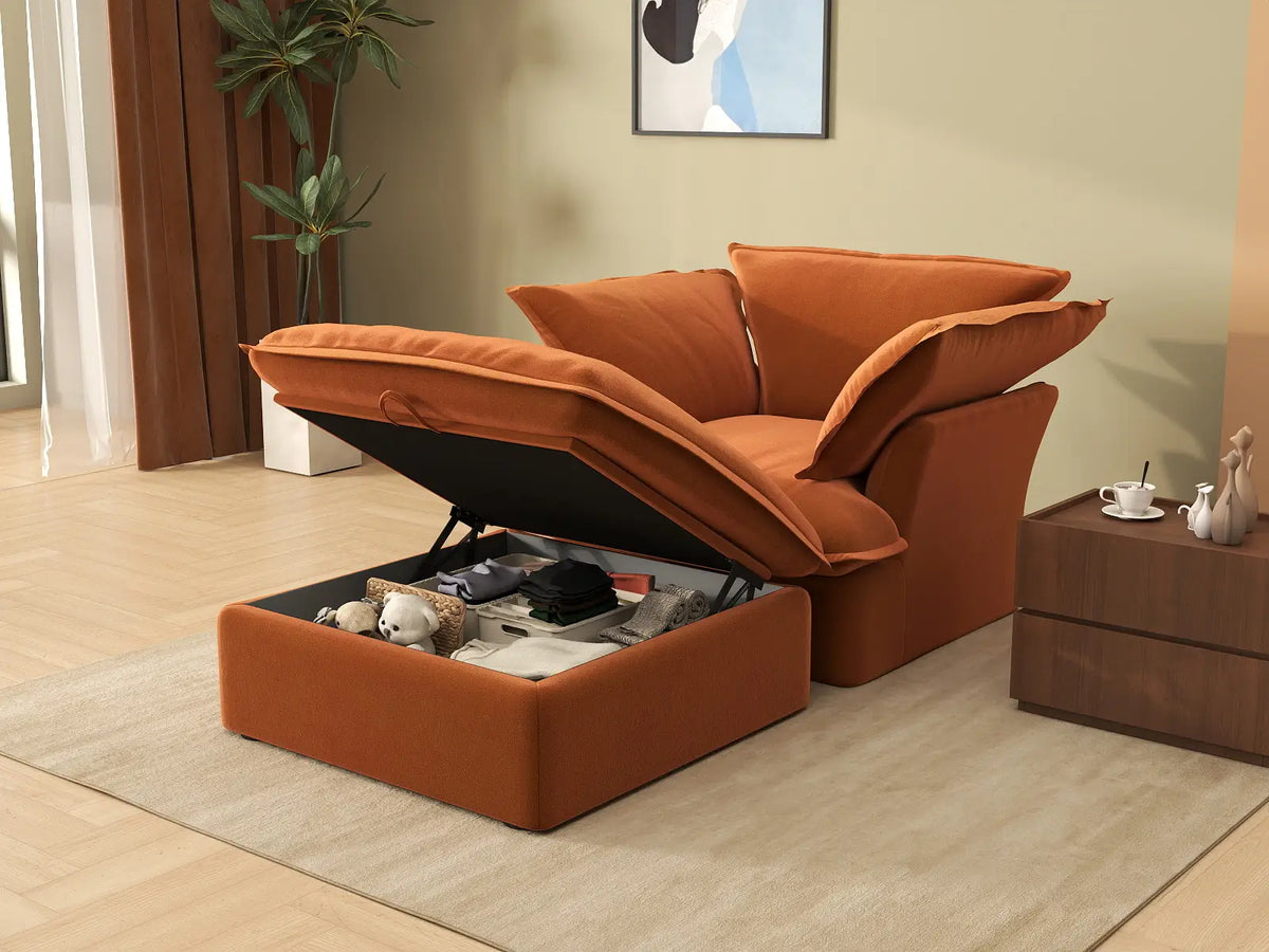 Deluxe Cloud Dark Orange 1-Seater Velvet Sofa | 2-Piece (includes 1 ottoman), Storage Ottoman