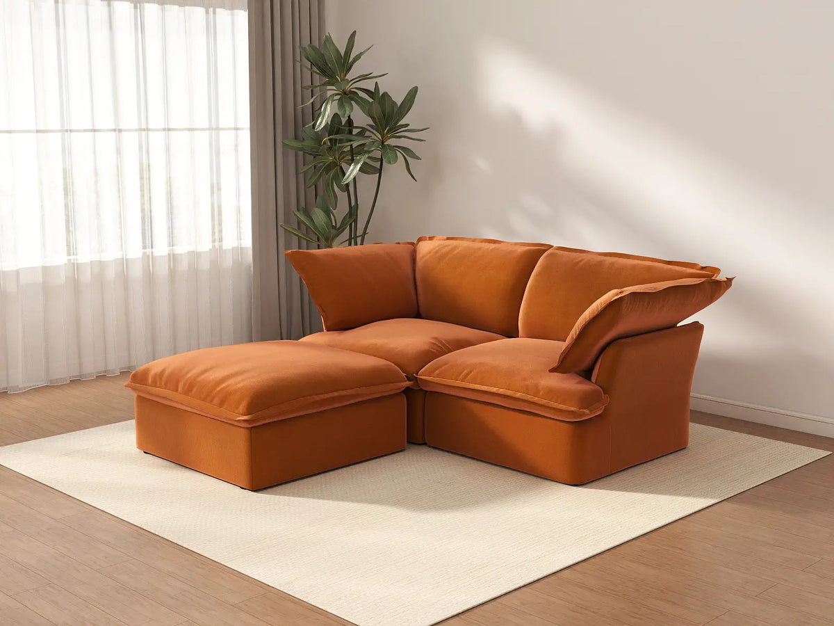 Deluxe Cloud Dark Orange 2-Seater Chaise Sectional | 3-Piece (includes 1 ottoman), Velvet Fabric, Storage Ottoman