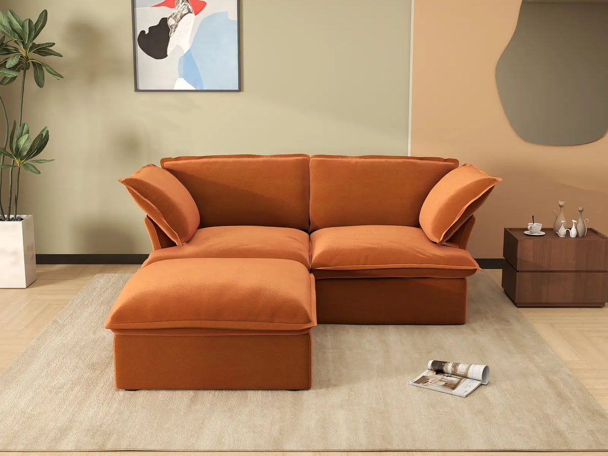 Deluxe Cloud Dark Orange 2-Seater Chaise Sectional | 3-Piece (includes 1 ottoman), Velvet Fabric, Storage Ottoman