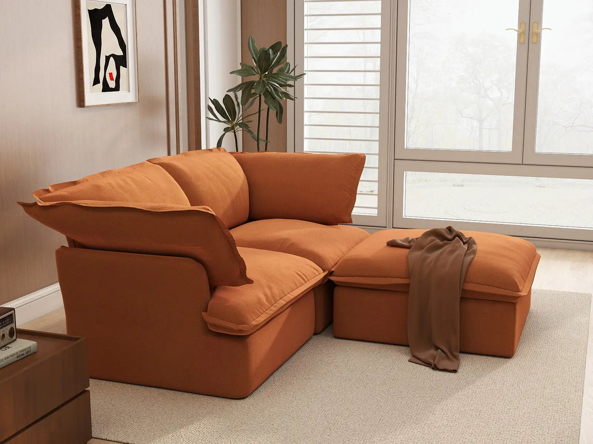 Deluxe Cloud Dark Orange 2-Seater Chaise Sectional | 3-Piece (includes 1 ottoman), Velvet Fabric, Storage Ottoman
