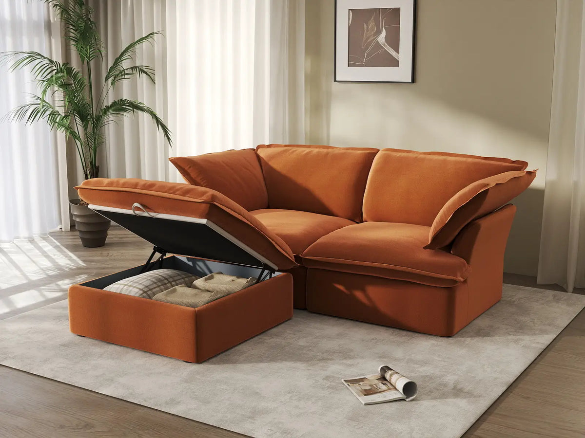 Deluxe Cloud Dark Orange 2-Seater Chaise Sectional | 3-Piece (includes 1 ottoman), Velvet Fabric, Storage Ottoman
