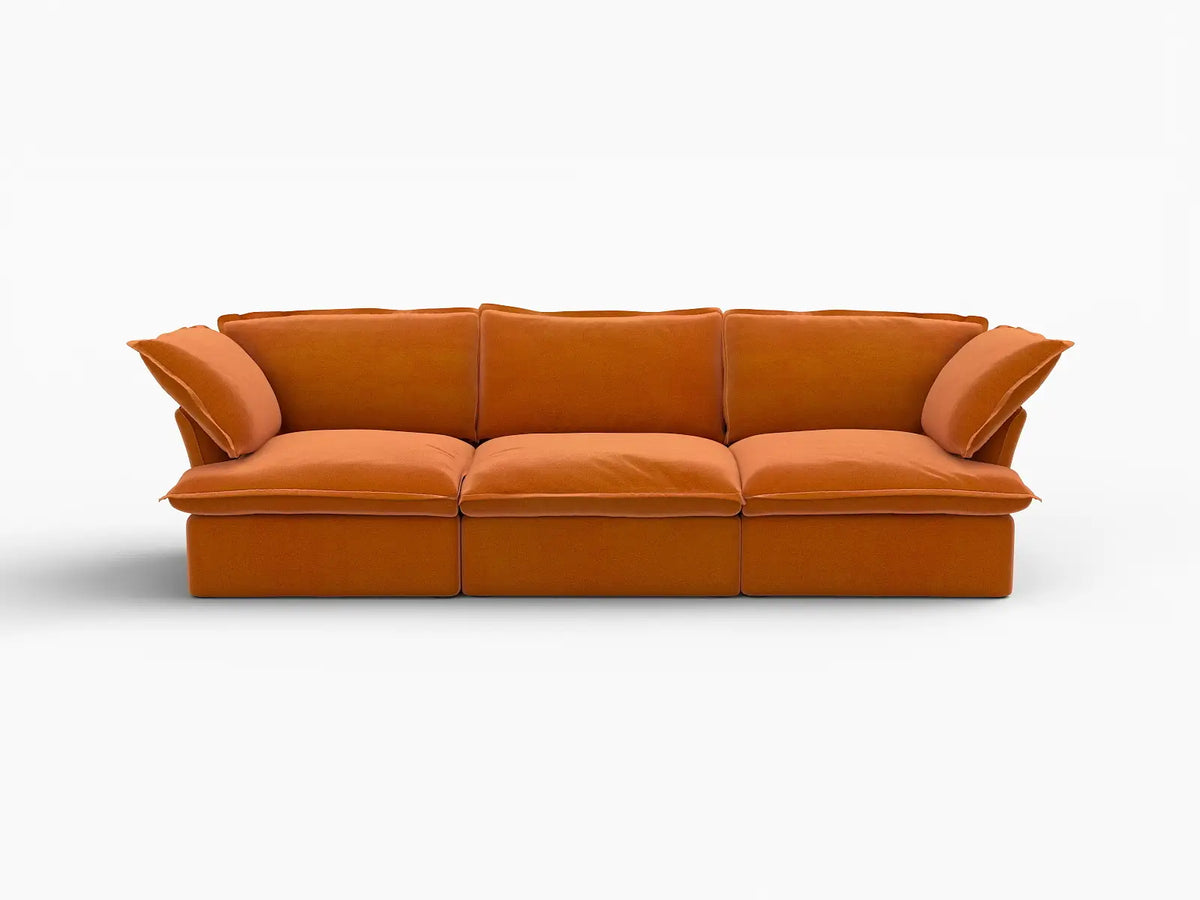 Deluxe Cloud Dark Orange 3-Seater Modular Couch | 3-Piece, Velvet Fabric, Washable Covers