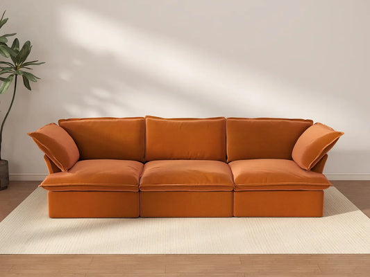 Deluxe Cloud Dark Orange 3-Seater Modular Couch | 3-Piece, Velvet Fabric, Washable Covers