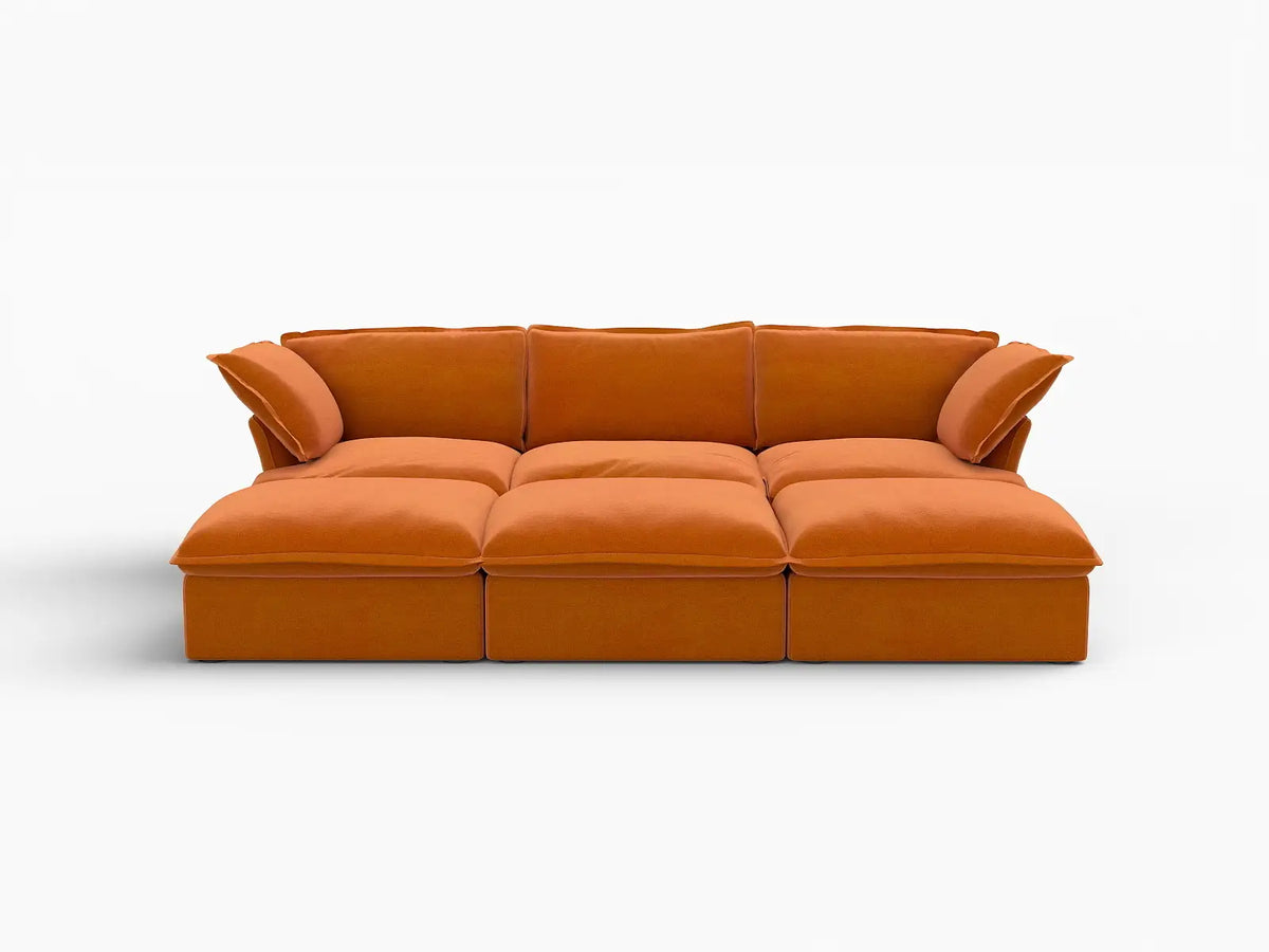 Deluxe Cloud Dark Orange 3-Seater Modular Pit Sectional | 6-Piece (includes 3 ottomans), Velvet Fabric, Storage Ottoman