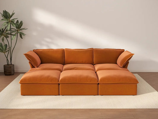 Deluxe Cloud Dark Orange 3-Seater Modular Pit Sectional | 6-Piece (includes 3 ottomans), Velvet Fabric, Storage Ottoman