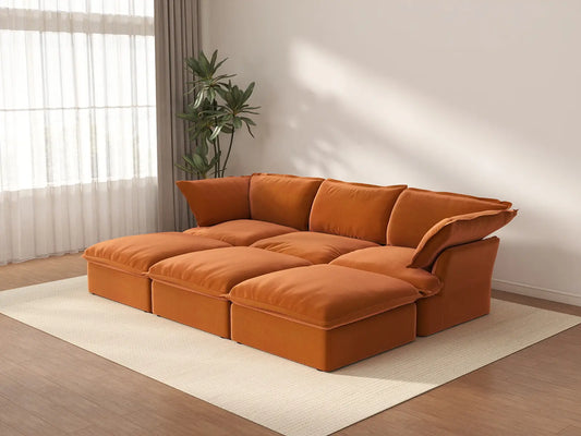 Deluxe Cloud Dark Orange 3-Seater Modular Pit Sectional | 6-Piece (includes 3 ottomans), Velvet Fabric, Storage Ottoman