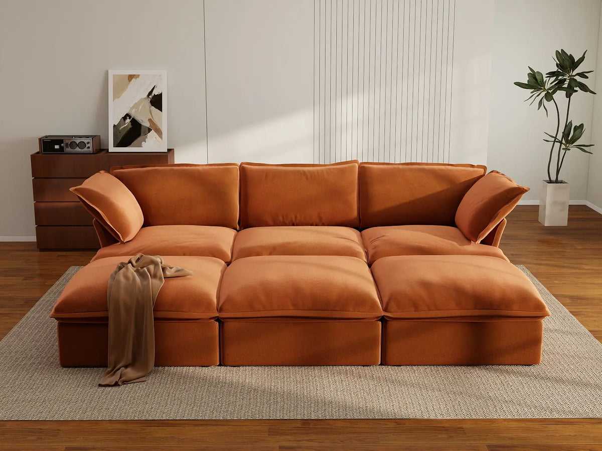 Deluxe Cloud Dark Orange 3-Seater Modular Pit Sectional | 6-Piece (includes 3 ottomans), Velvet Fabric, Storage Ottoman