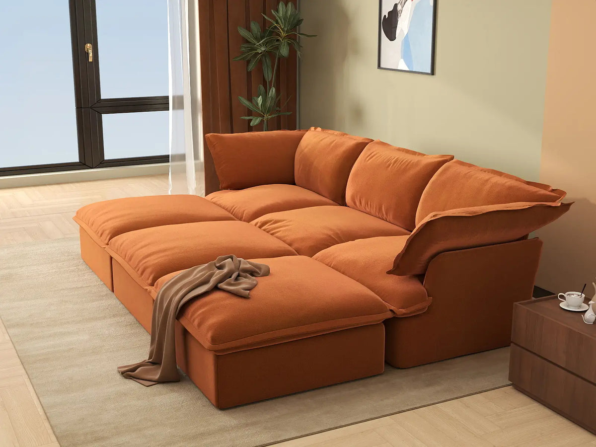Deluxe Cloud Dark Orange 3-Seater Modular Pit Sectional | 6-Piece (includes 3 ottomans), Velvet Fabric, Storage Ottoman
