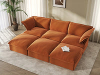 Deluxe Cloud Dark Orange 3-Seater Modular Pit Sectional | 6-Piece (includes 3 ottomans), Velvet Fabric, Storage Ottoman