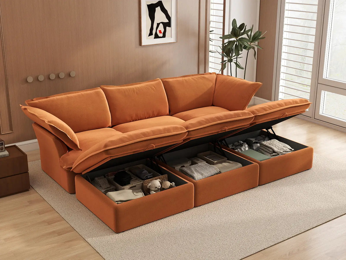 Deluxe Cloud Dark Orange 3-Seater Modular Pit Sectional | 6-Piece (includes 3 ottomans), Velvet Fabric, Storage Ottoman