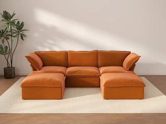 Deluxe Cloud Dark Orange 3-Seater Modular Sectional | 5-Piece (includes 2 ottomans), Velvet Fabric, Storage Ottoman