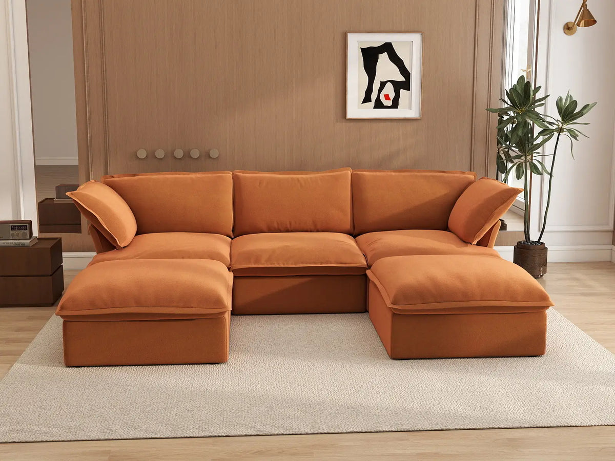 Deluxe Cloud Dark Orange 3-Seater Modular Sectional | 5-Piece (includes 2 ottomans), Velvet Fabric, Storage Ottoman