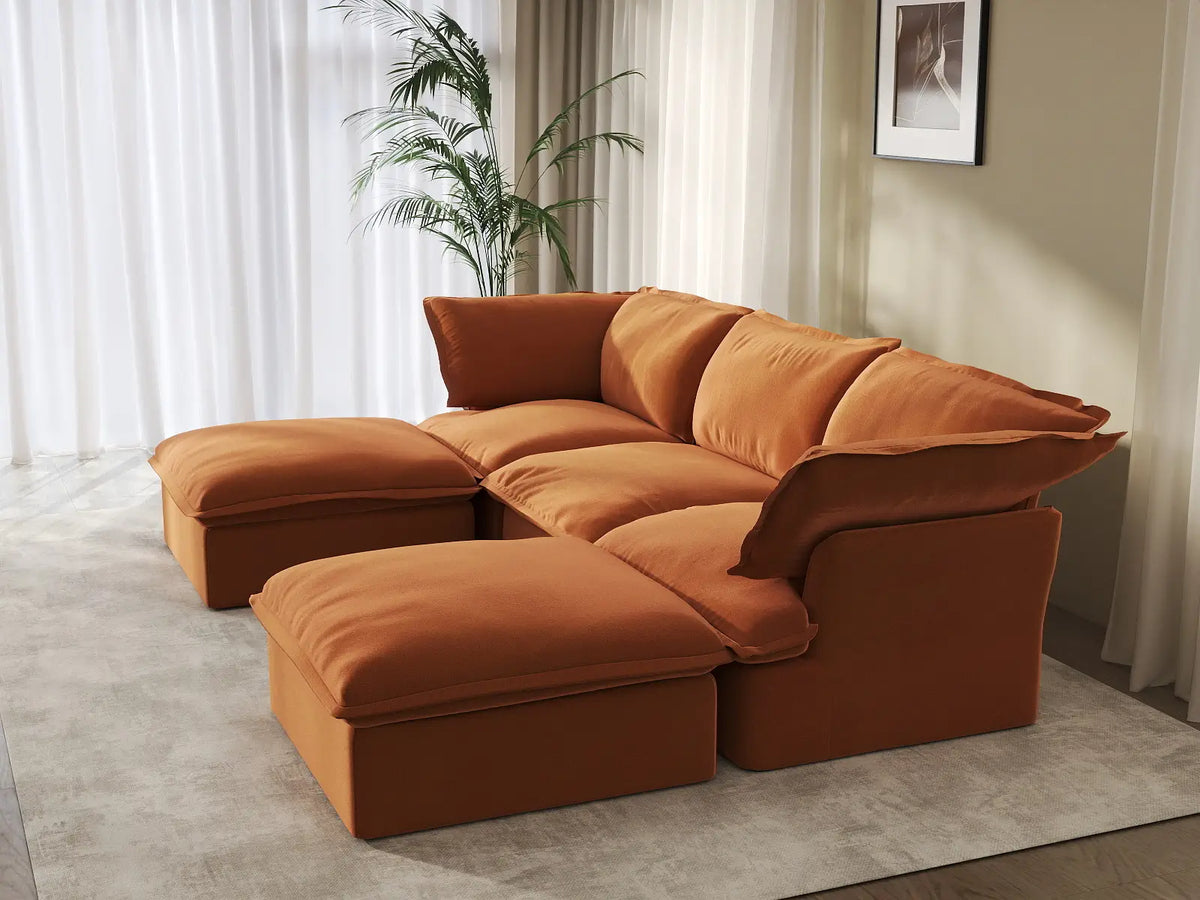 Deluxe Cloud Dark Orange 3-Seater Modular Sectional | 5-Piece (includes 2 ottomans), Velvet Fabric, Storage Ottoman
