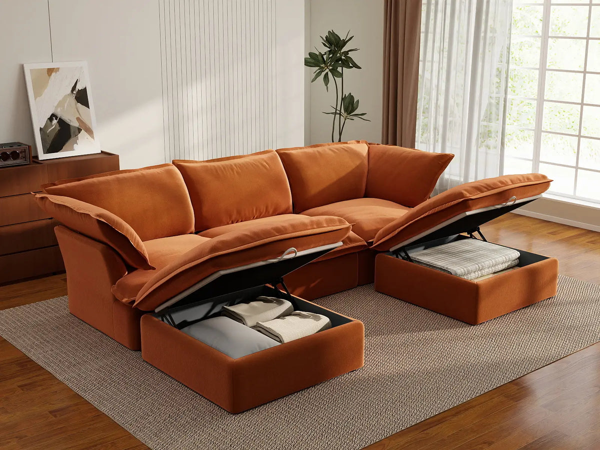 Deluxe Cloud Dark Orange 3-Seater Modular Sectional | 5-Piece (includes 2 ottomans), Velvet Fabric, Storage Ottoman