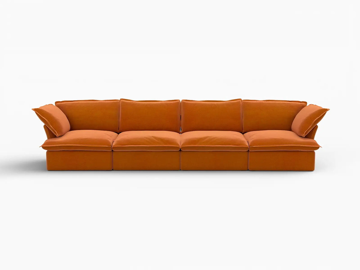 Deluxe Cloud Dark Orange 4-Seater Couch Sectional | 4-Piece, Velvet Fabric, Washable Covers