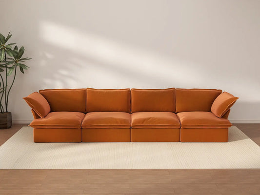 Deluxe Cloud Dark Orange 4-Seater Couch Sectional | 4-Piece, Velvet Fabric, Washable Covers