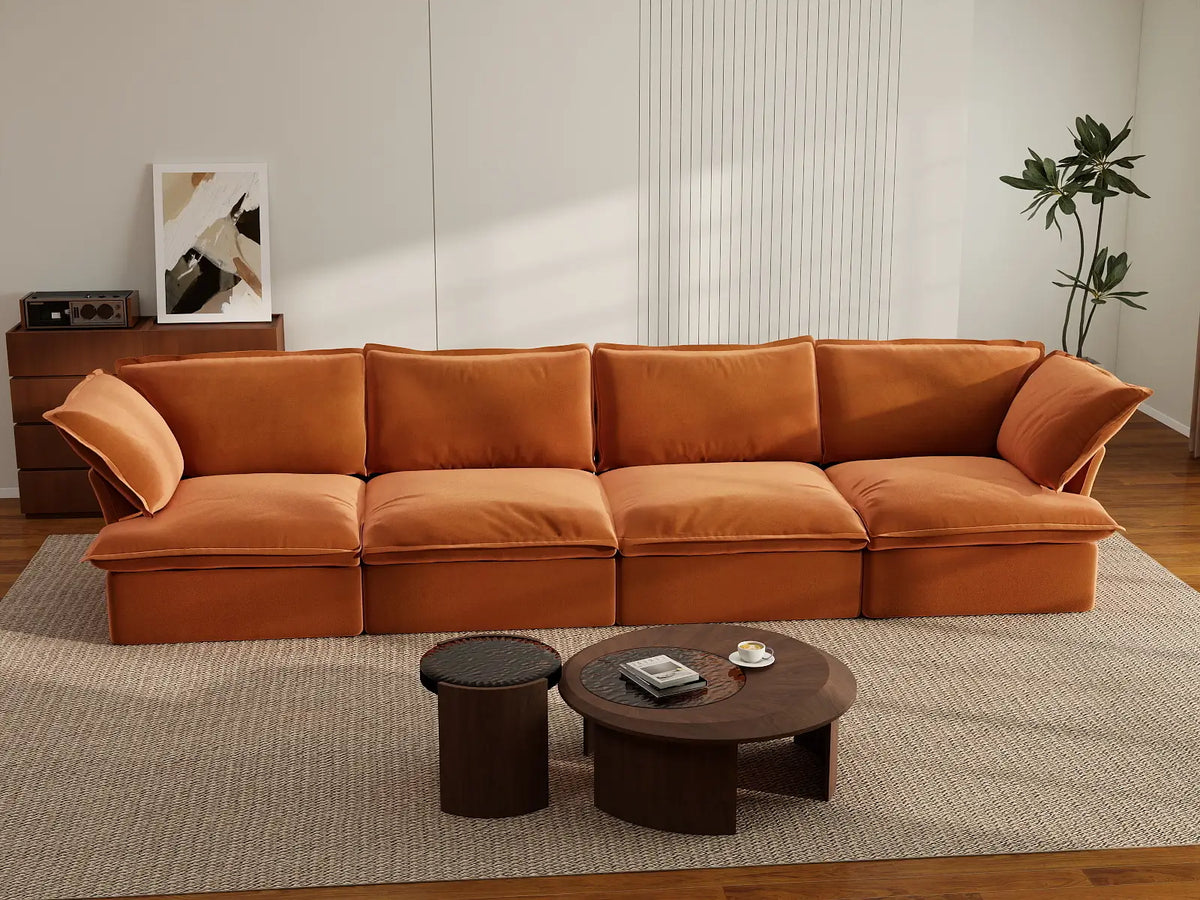 Deluxe Cloud Dark Orange 4-Seater Couch Sectional | 4-Piece, Velvet Fabric, Washable Covers