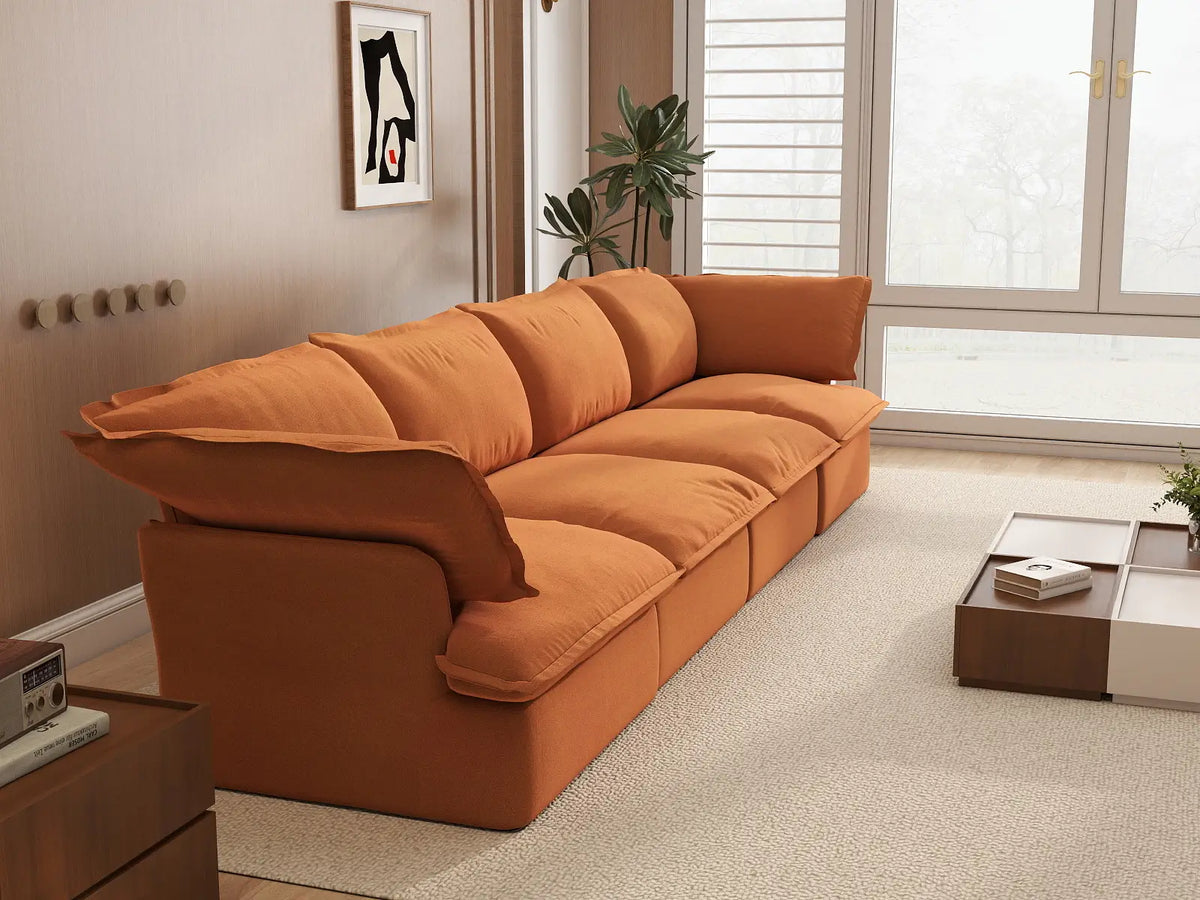 Deluxe Cloud Dark Orange 4-Seater Couch Sectional | 4-Piece, Velvet Fabric, Washable Covers