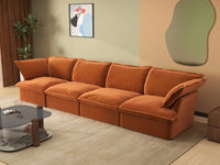 Deluxe Cloud Dark Orange 4-Seater Couch Sectional | 4-Piece, Velvet Fabric, Washable Covers