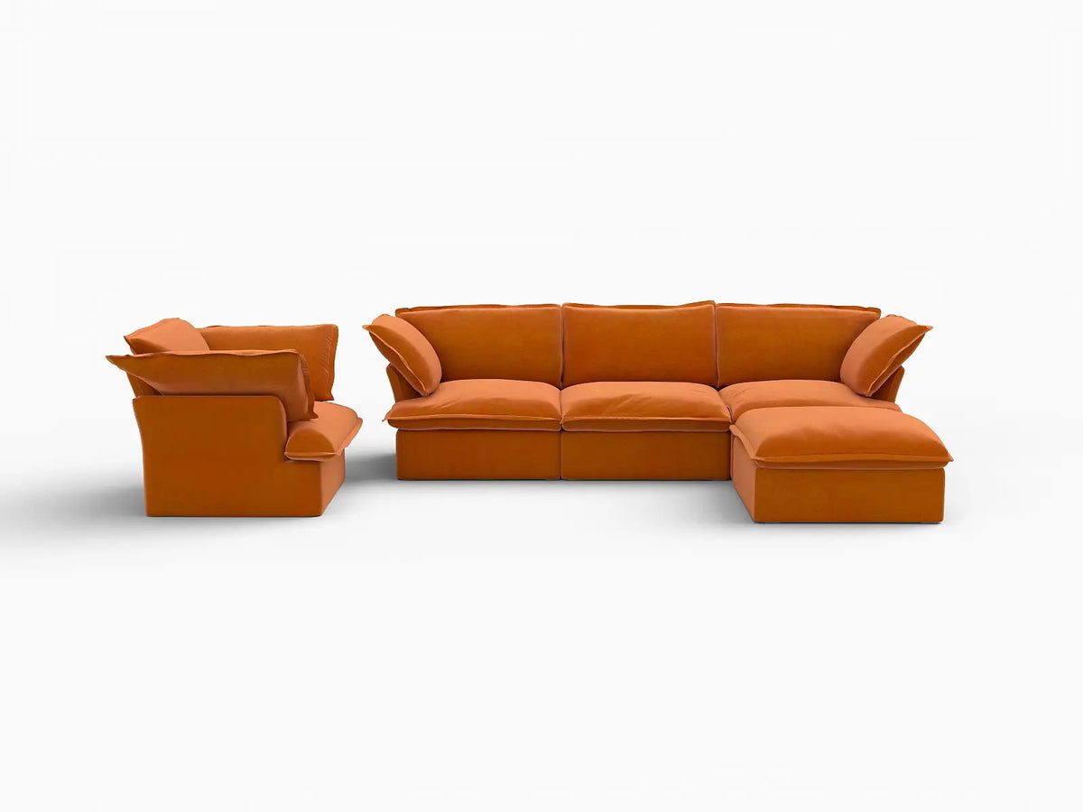 Deluxe Cloud Dark Orange 4-Seater Sofa Set | 5-Piece (includes 1 ottoman), Velvet Fabric, Storage Ottoman