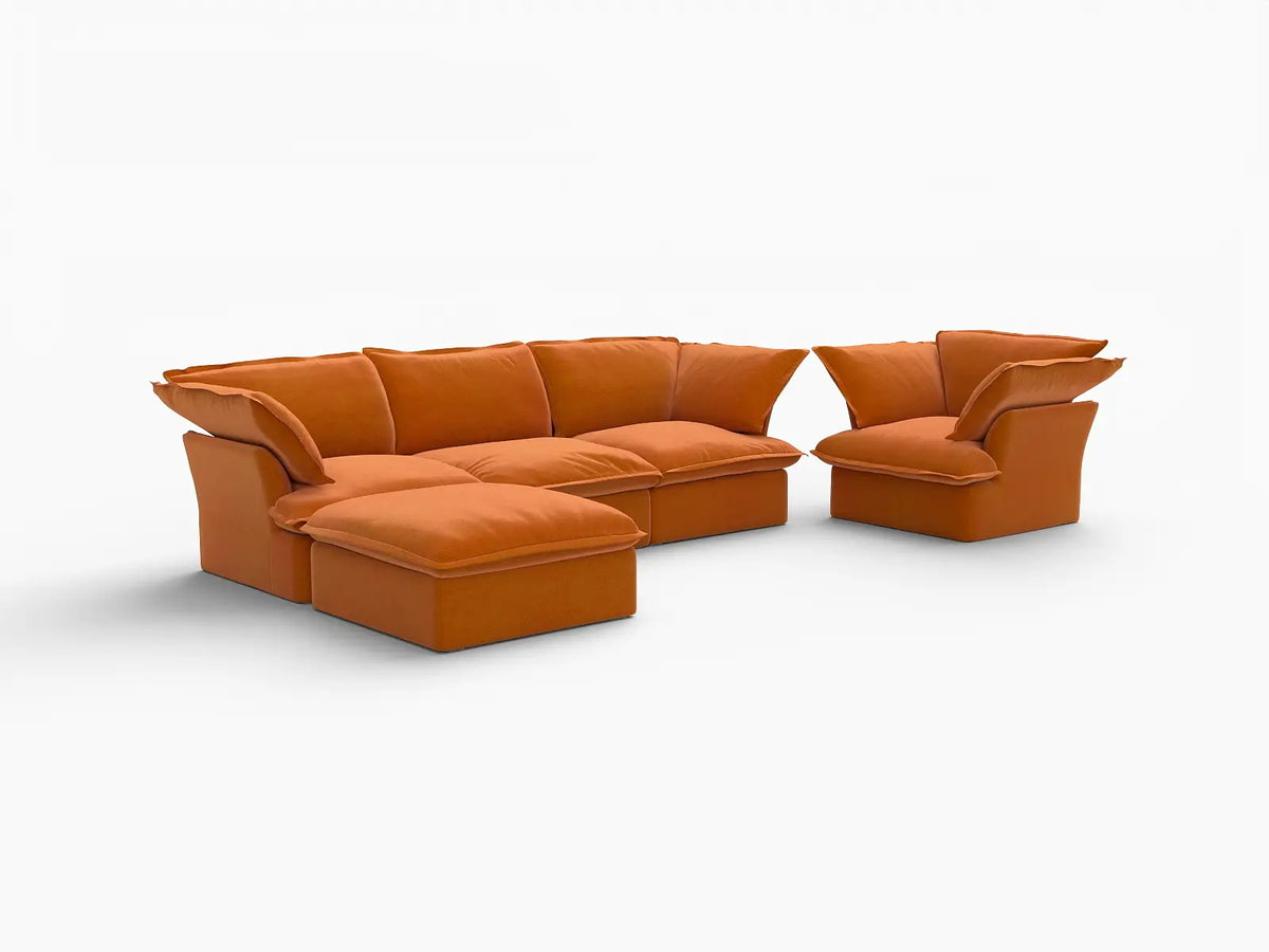 Deluxe Cloud Dark Orange 4-Seater Sofa Set | 5-Piece (includes 1 ottoman), Velvet Fabric, Storage Ottoman