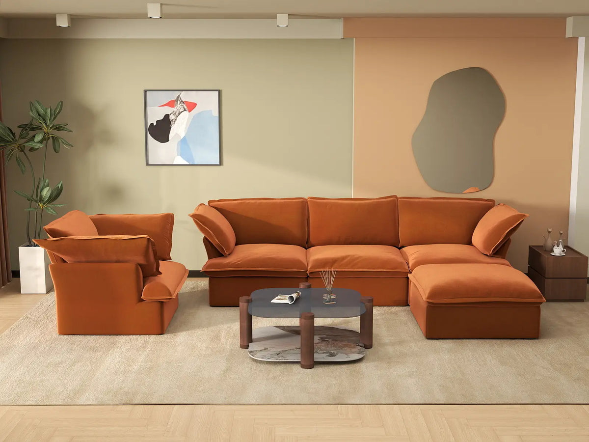 Deluxe Cloud Dark Orange 4-Seater Sofa Set | 5-Piece (includes 1 ottoman), Velvet Fabric, Storage Ottoman