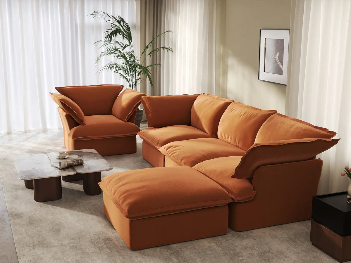 Deluxe Cloud Dark Orange 4-Seater Sofa Set | 5-Piece (includes 1 ottoman), Velvet Fabric, Storage Ottoman