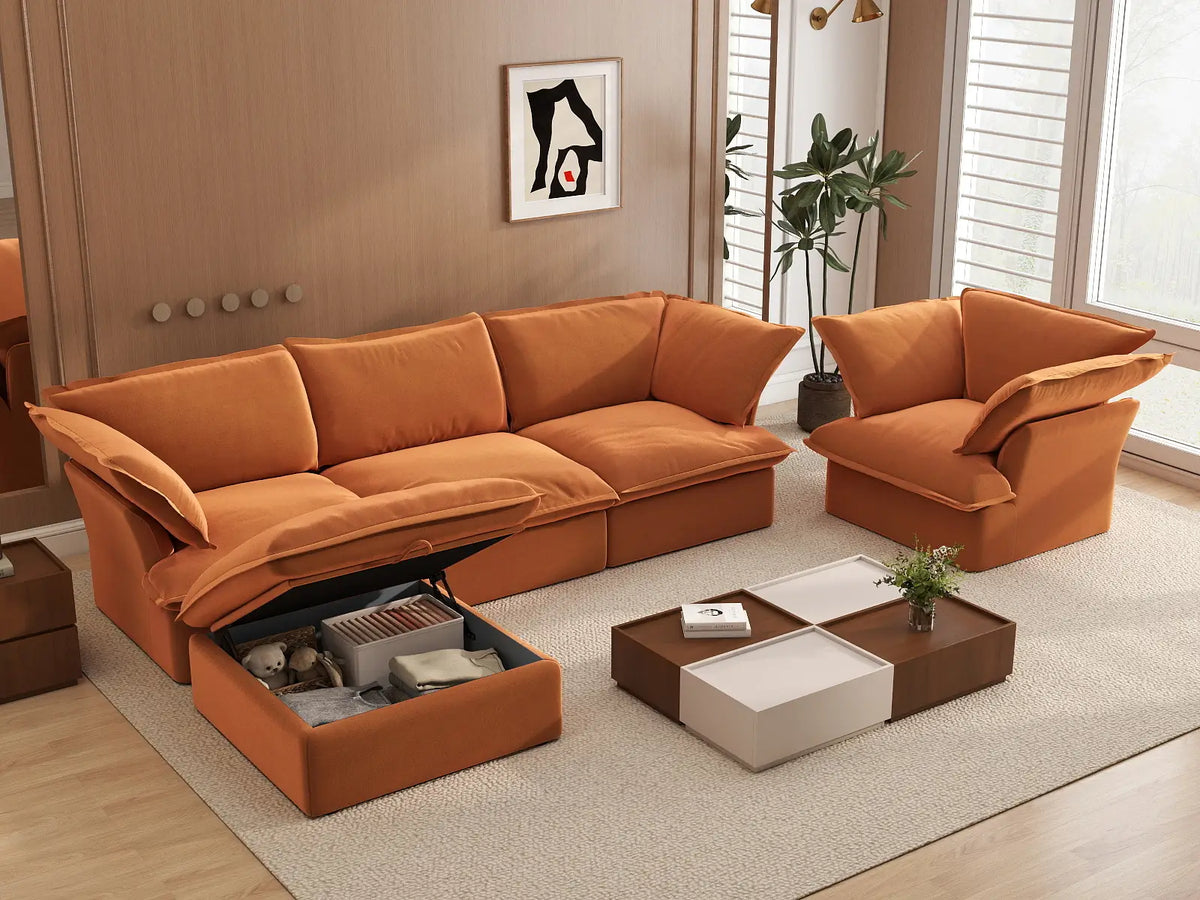Deluxe Cloud Dark Orange 4-Seater Sofa Set | 5-Piece (includes 1 ottoman), Velvet Fabric, Storage Ottoman