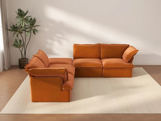 Deluxe Cloud Dark Orange 4-Seater V-Shaped Sofa with Storage | 5-Piece (includes 1 ottoman), Velvet Fabric, Washable Covers